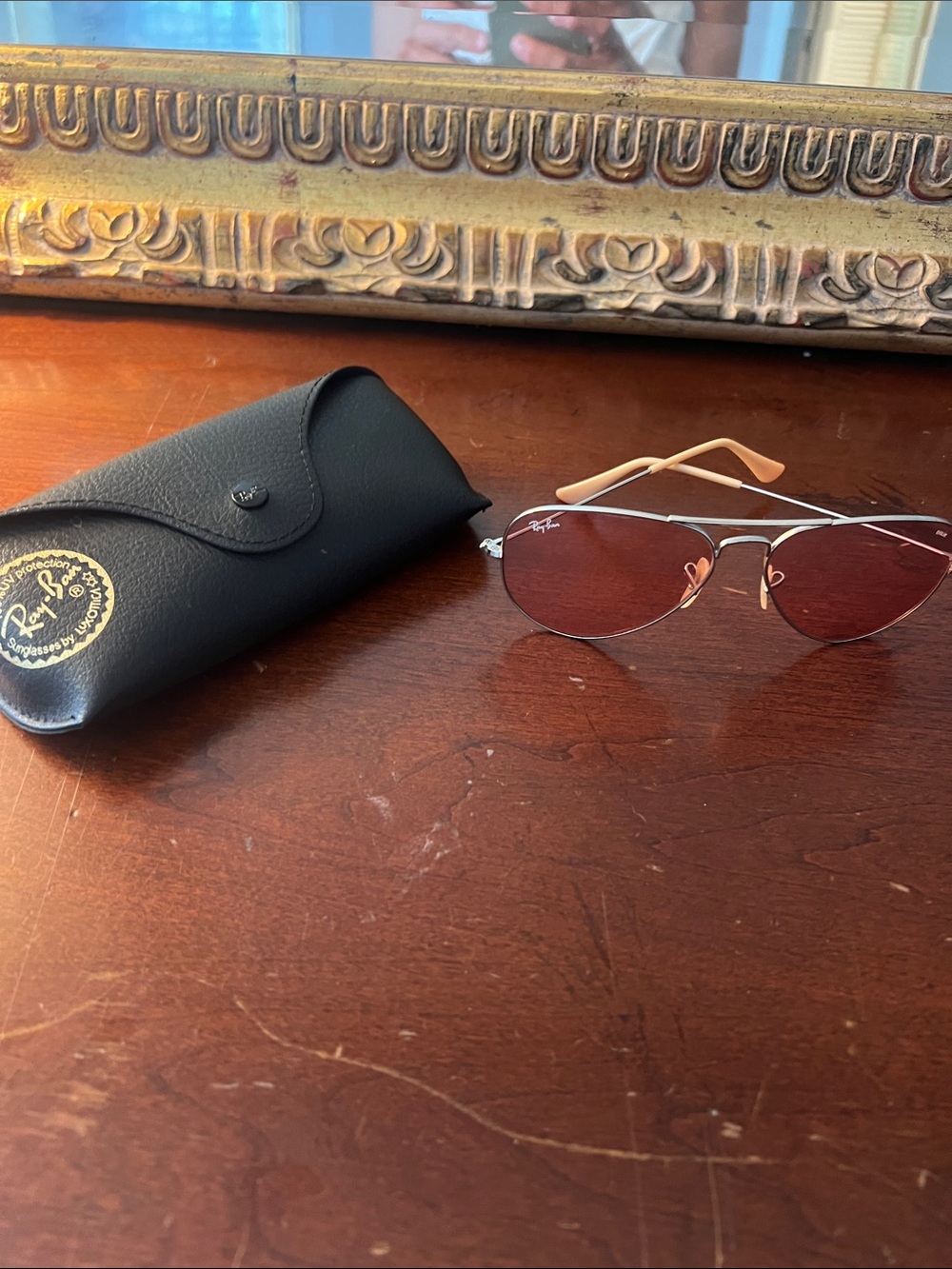 Ray-Ban Silver Frame Sunglasses with Pink Lenses and Beige Temples